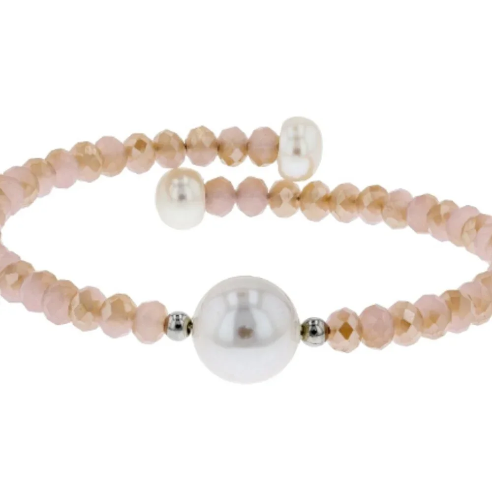 6-11mm White Cultured Freshwater Pearl Crystal Stainless Steel Wire Bracelet